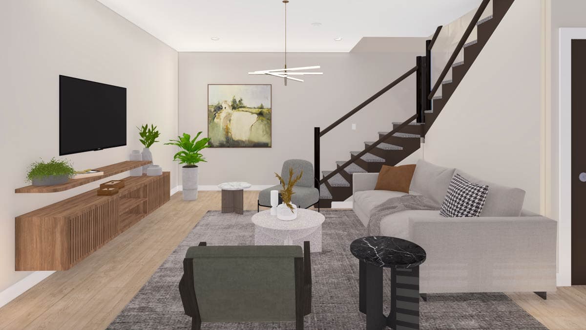 Interior rendering of a living room with a television, floating media console, sofa, chairs, coffee table, and open staircase.