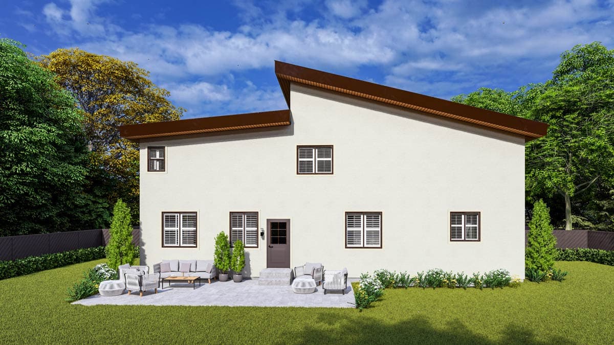 House plan exterior: Two-story modern home with asymmetrical gabled roof, stucco finish, and multiple casement windows.