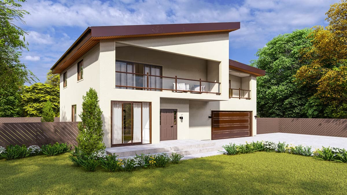 Two-story house plan exterior with a cantilevered balcony, modern roofline, and attached garage.