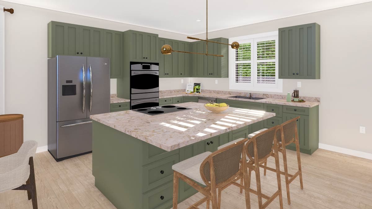 Kitchen with green cabinets, stainless steel refrigerator, double oven, and a central island with seating.