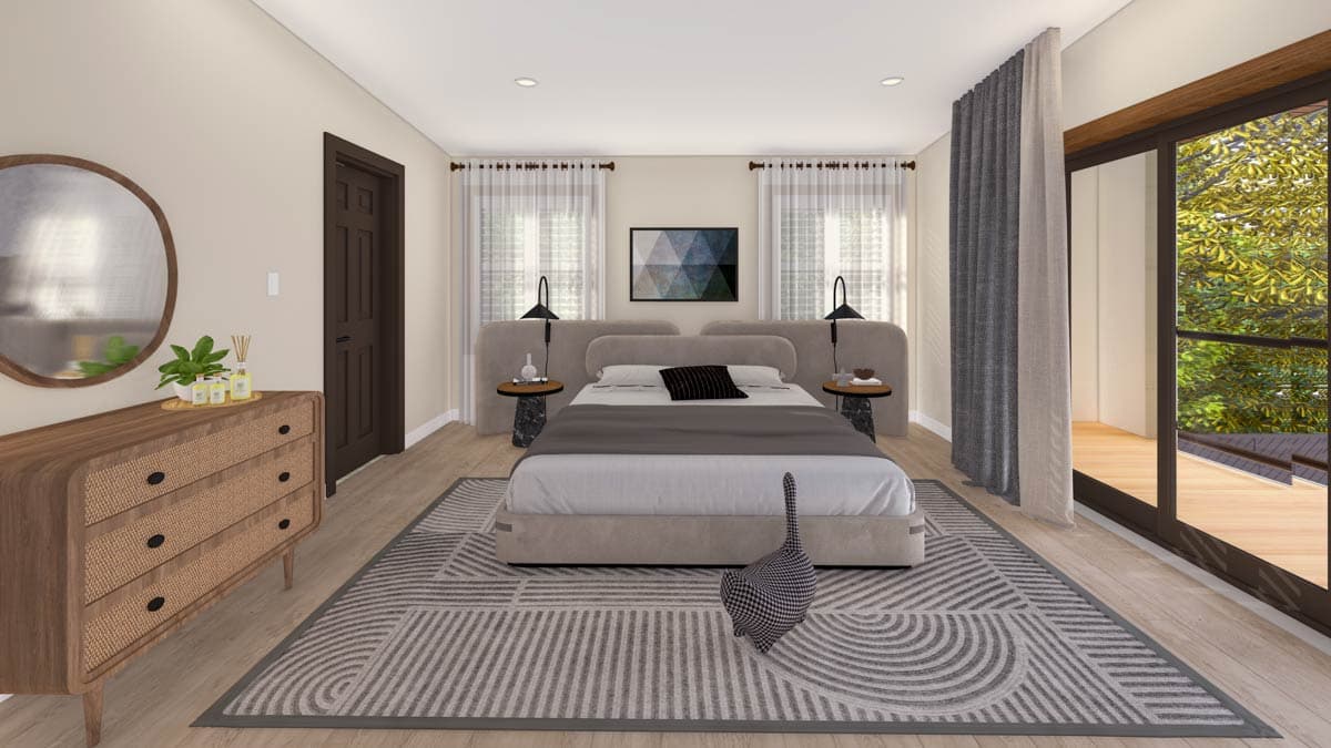 Bedroom rendering with king bed, bedside tables, dresser, circular mirror, and sliding glass door.