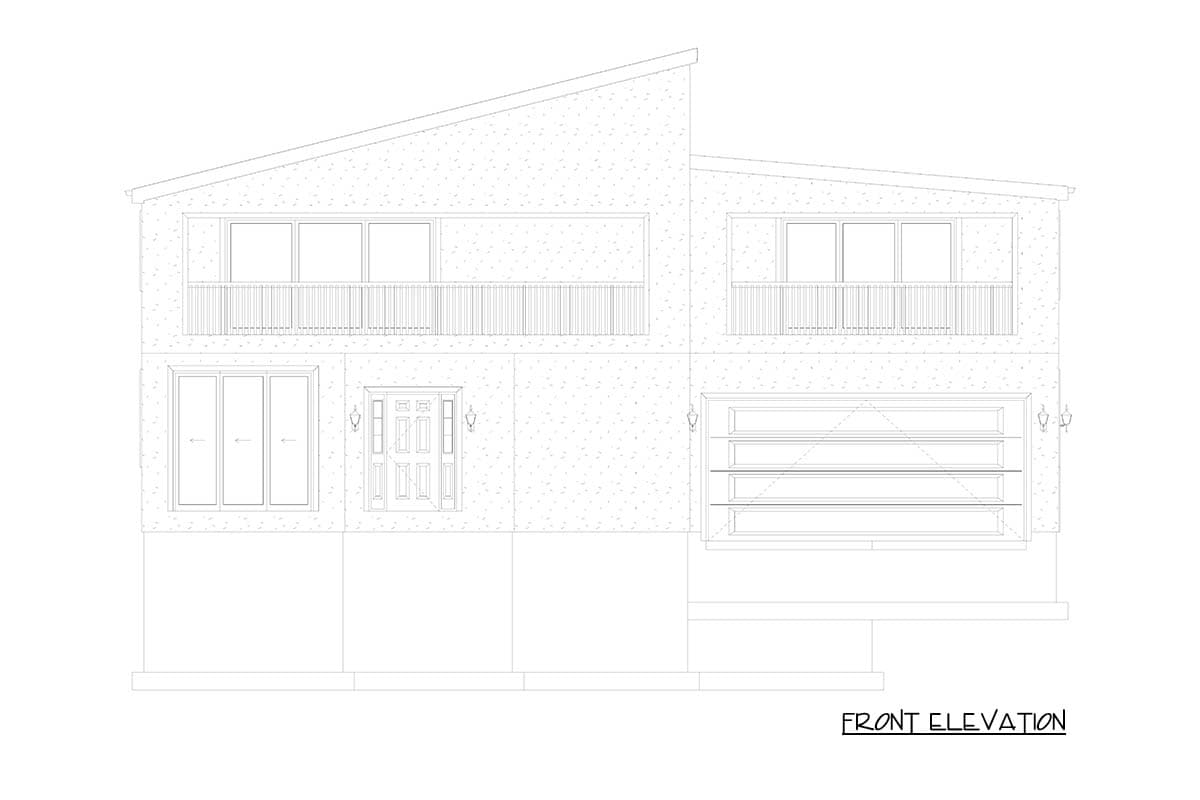 Front elevation drawing of a two-story house with a sloped roof, balconies, double garage, and central entry.