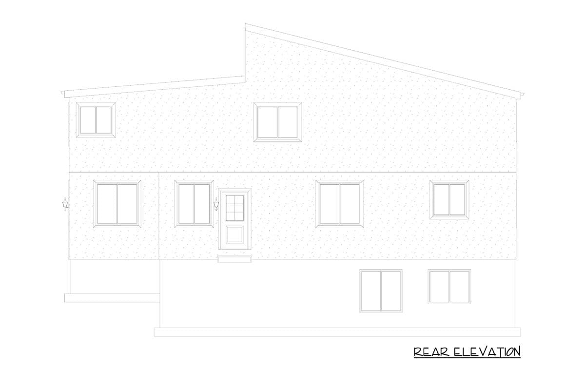 Rear elevation drawing of a two-story house with a sloped roofline, multiple windows, and a central door with steps.