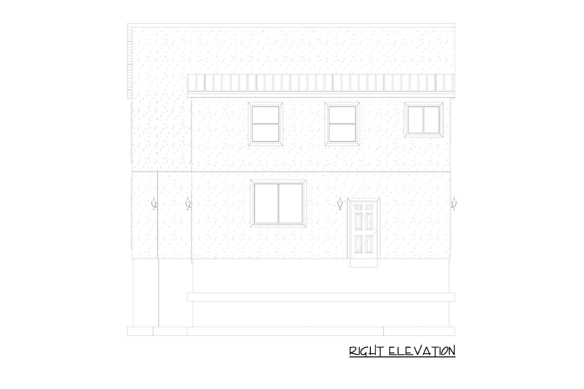 Right elevation drawing of a two-story house plan with a front door, three upper windows, and a covered porch.