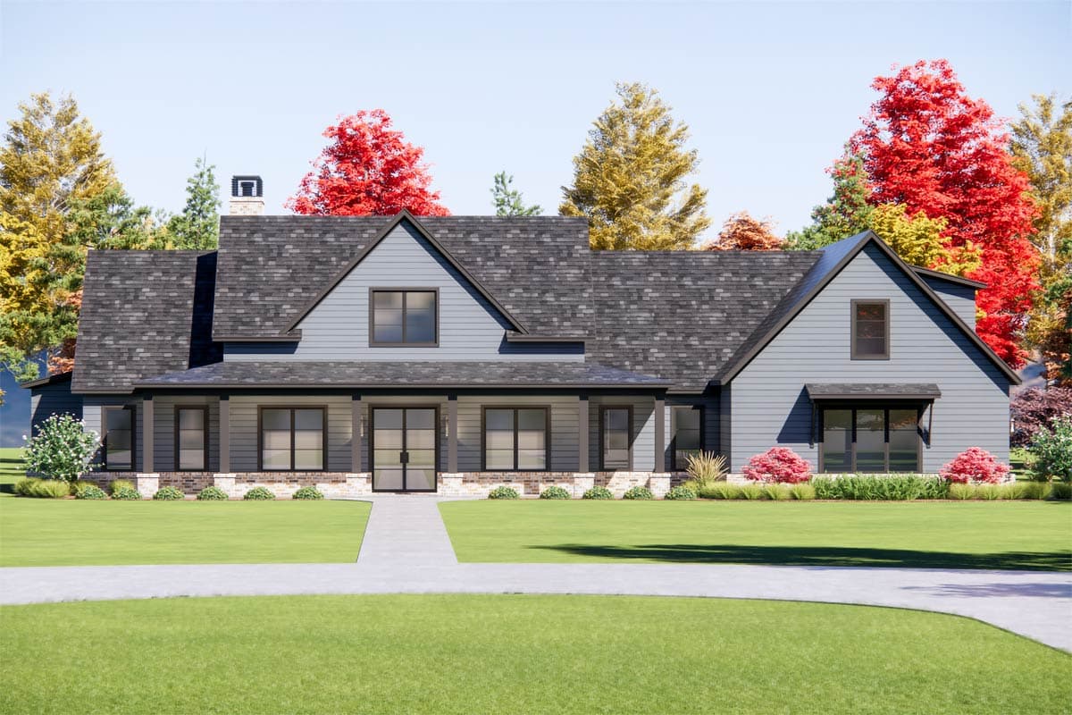 House plan exterior. Modern Farmhouse style, one-story. Features include a front porch, gabled rooflines, and dormer windows.