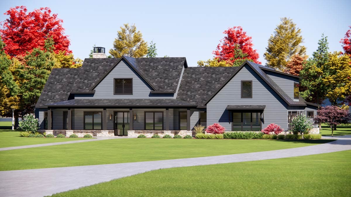 Modern Farmhouse house plan exterior with a wrap-around porch, stone foundation, multiple gables, and a central dormer.