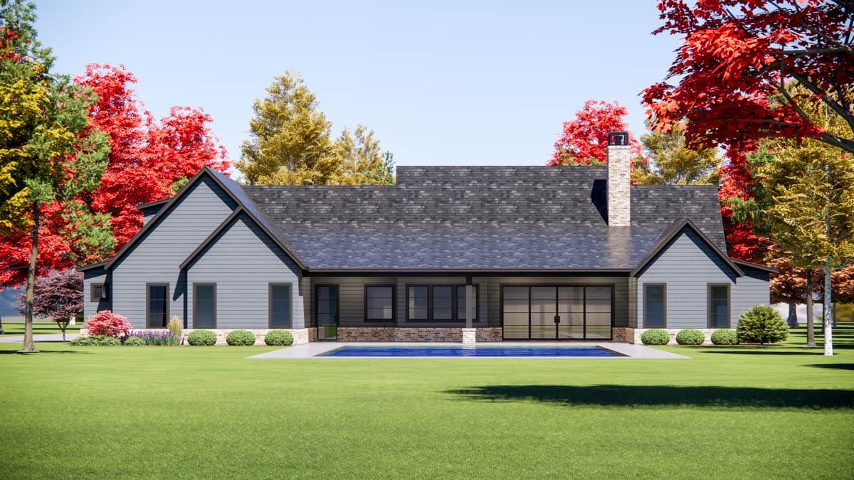 House plan exterior of a single-story modern home with gables, a prominent chimney, and a pool.