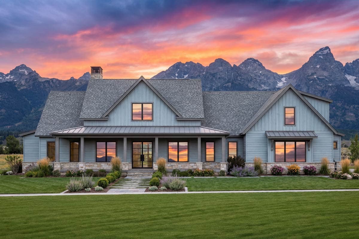 Modern Farmhouse house plan exterior with gabled roof, covered porch, stone accents, and large windows.
