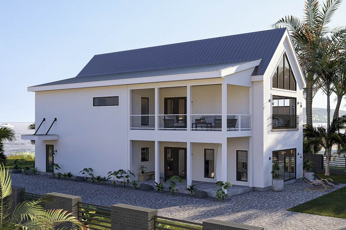 House plan exterior: Two-story modern design with gable roof, covered balconies, and large A-frame window.