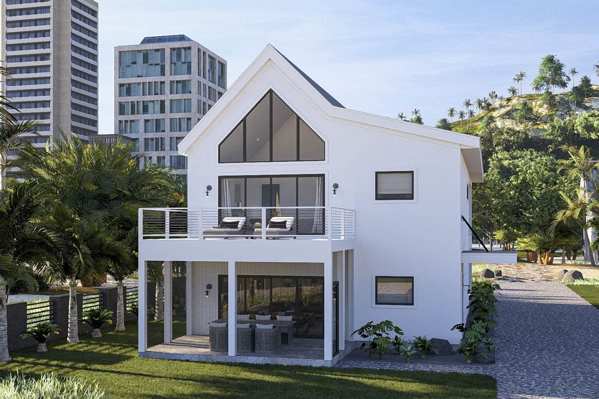 House plan exterior: Modern style, two stories, gabled roof, large gable window, balcony, and covered patio.