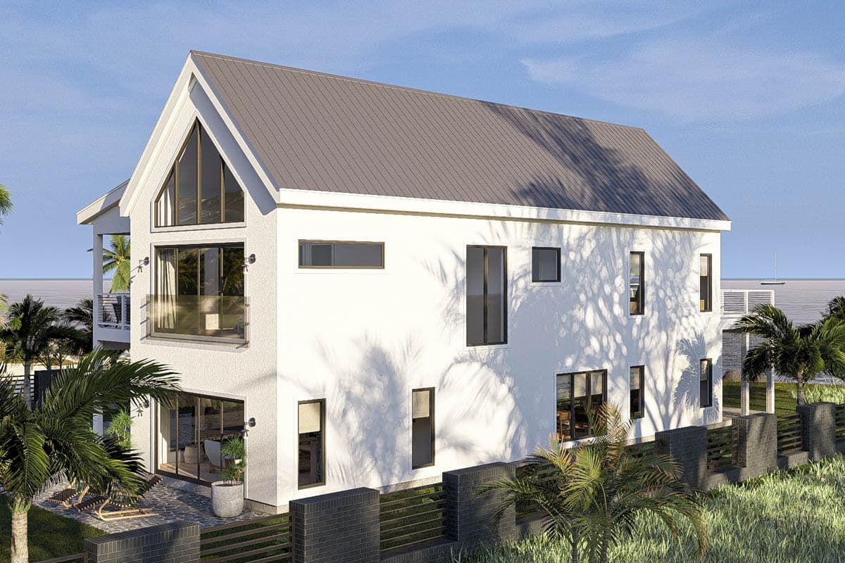House plan exterior: two-story modern design with metal gable roof, large gabled window, and balcony.