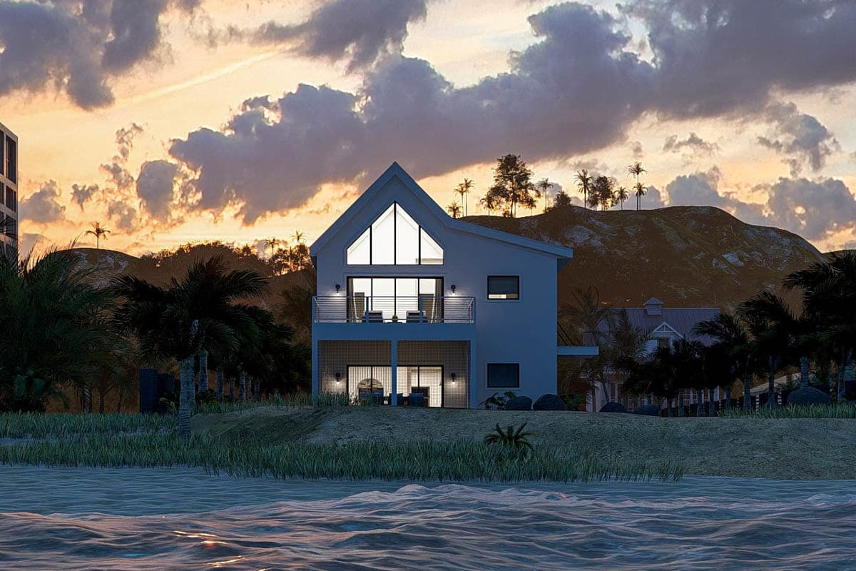 House plan exterior: two-story modern design with prominent A-frame gable, upper balcony, and large glass facade.
