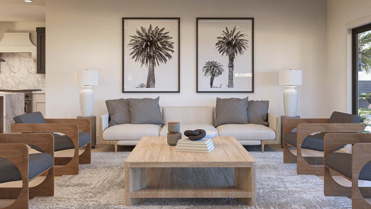 Living room with two sofas, four chairs, a coffee table, and palm tree artwork.