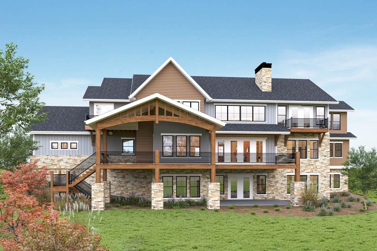 House plan exterior: Multi-story Modern Farmhouse with stone and wood siding, gabled roof, covered porch, and multiple balconies.
