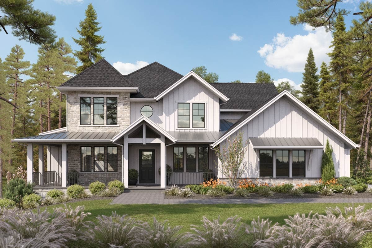 House plan exterior. Two-story Modern Farmhouse with gabled rooflines, stone and siding exterior, and a covered front porch.