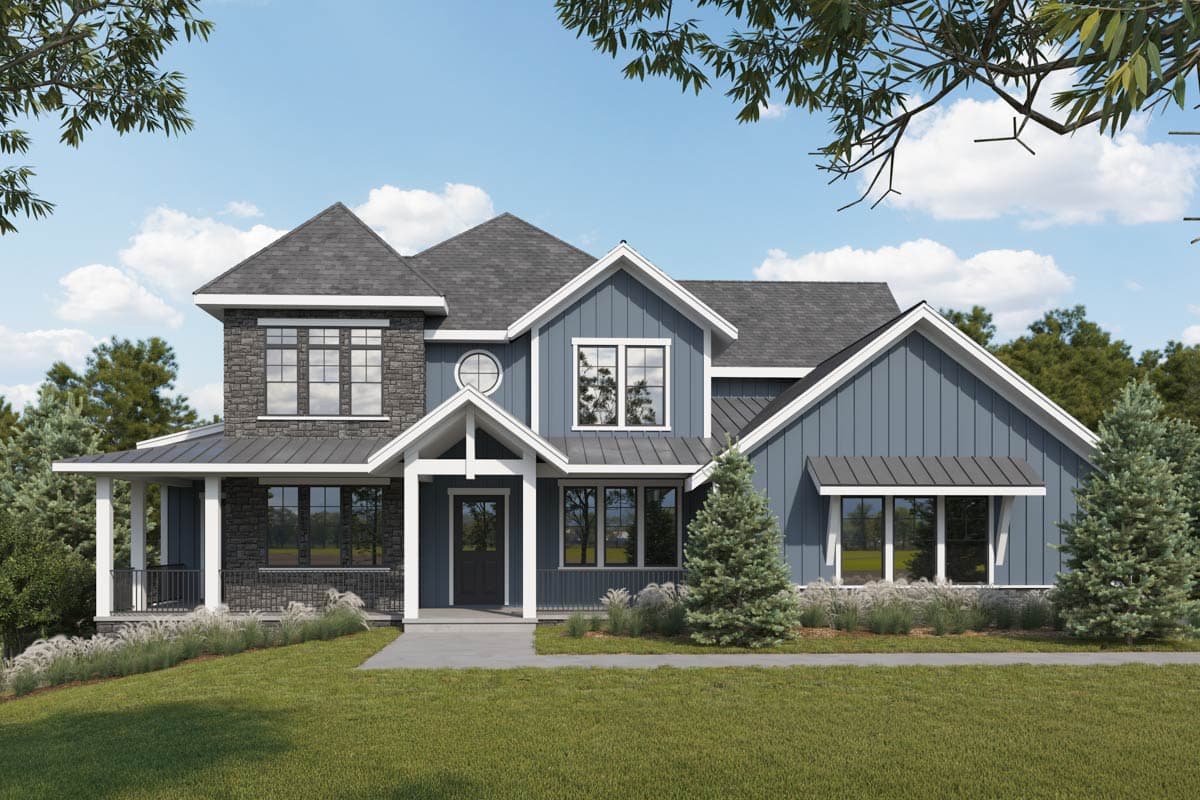 Modern Farmhouse style house plan exterior, two stories, with stone accent, wrap-around porch, and gables.