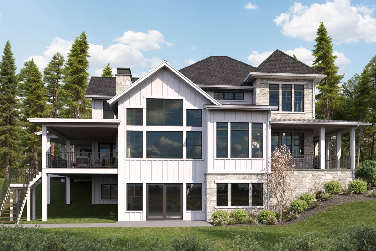 House plan exterior featuring modern farmhouse style, multiple gables, stone and board-and-batten siding, and large windows.