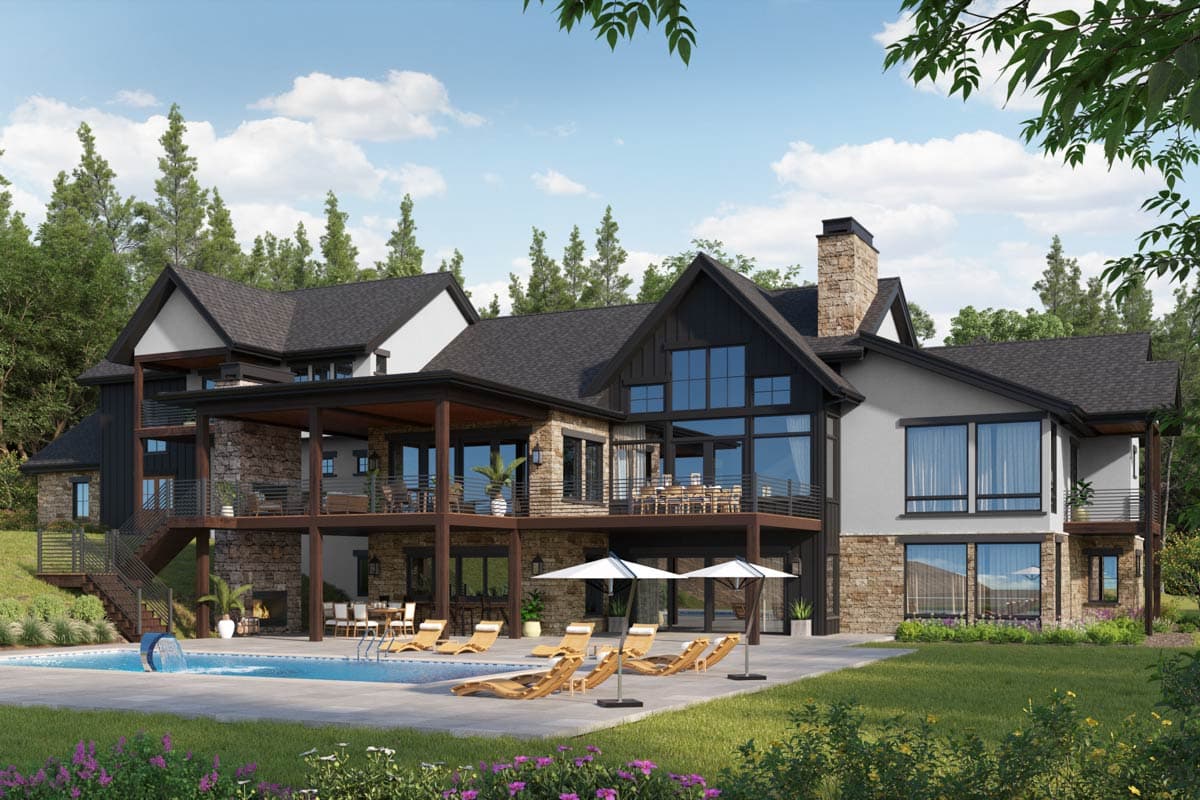 House plan exterior: Modern mountain style, multi-story home with stone and dark wood siding, large windows, multiple decks, and pool.