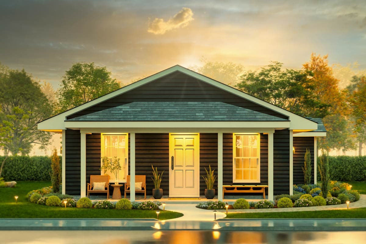 House plan exterior. Single-story home with gable roof, covered porch, and symmetrical window placement. Features include board and batten siding.