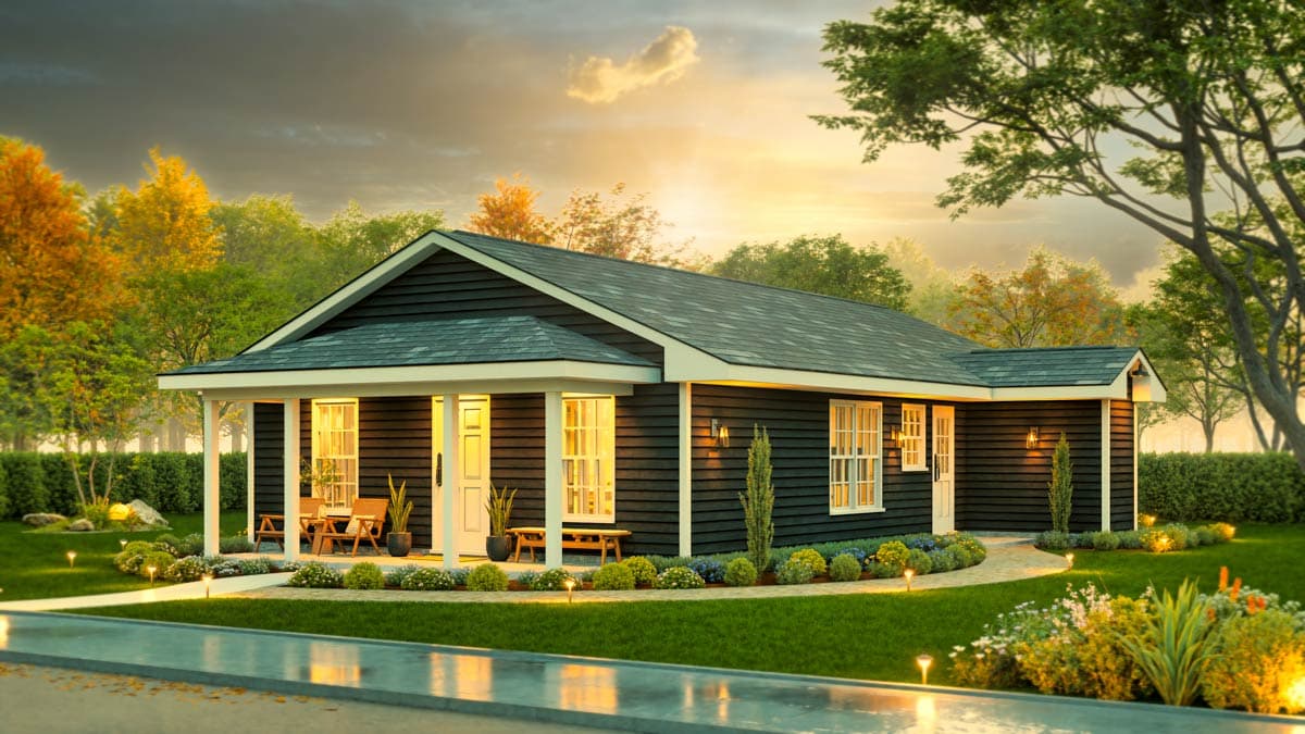 Ranch style house plan exterior, one story, featuring a front porch with columns, gables, and dark horizontal siding.
