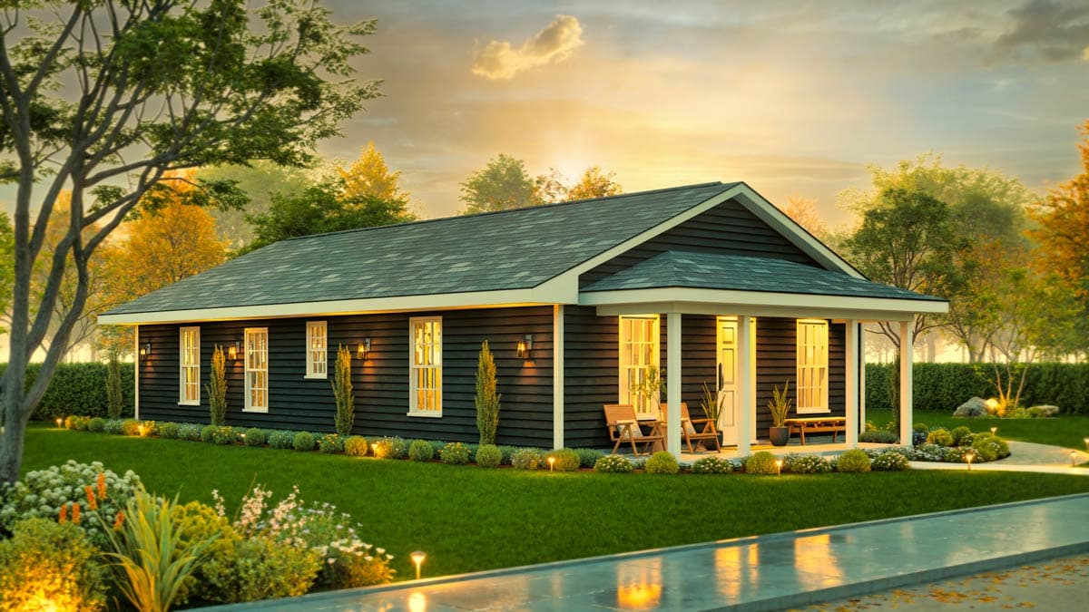 House plan exterior: Single-story, dark horizontal siding, gabled roof with dormers, and a covered front porch with columns.