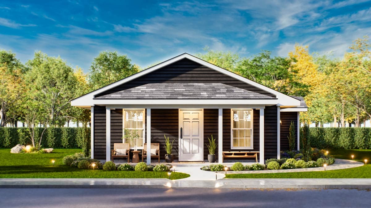 One-story house plan exterior with a covered front porch, gabled roof, and lap siding.