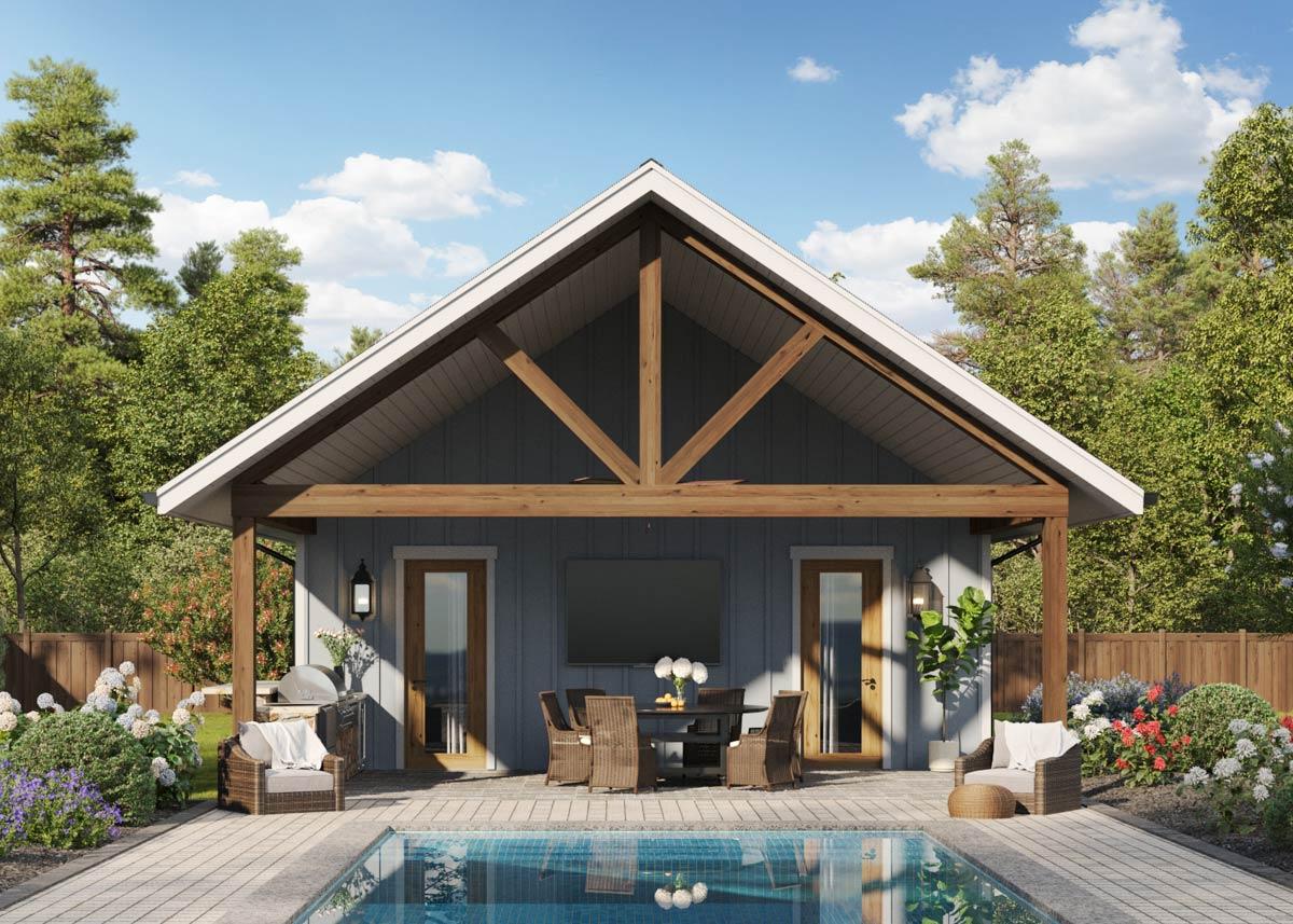 House plan exterior with gable roof, exposed timber framing, and covered patio. Includes pool and outdoor dining area.