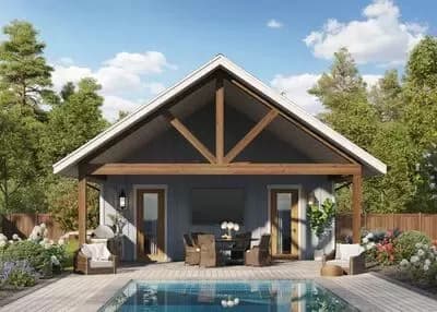 Chic Studio Pool House Plan with Outdoor Kitchen & Covered Patio