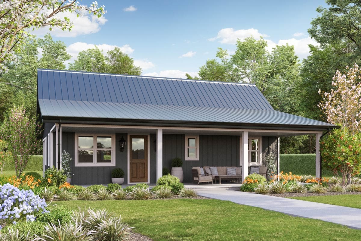 House plan exterior with a single story, a metal roof, and a covered porch. Features include board and batten siding and a gable roofline.