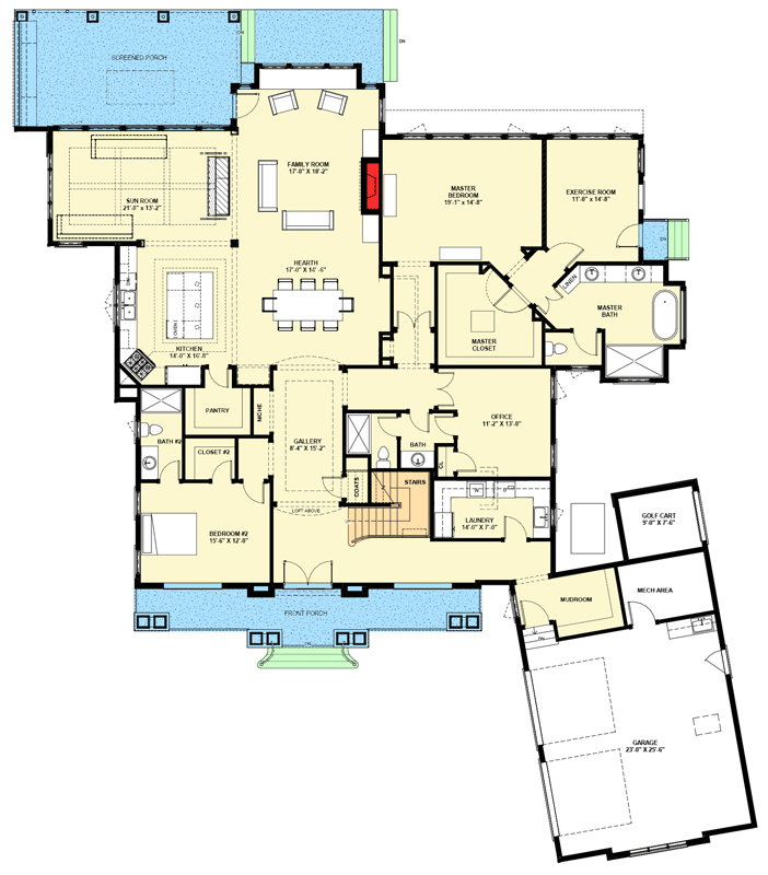 Plan 30093RT: Expansive 4-Bedroom House Plan with Home Office, Sunroom & Game Room - Floor Plan - Main Level - Craftsman