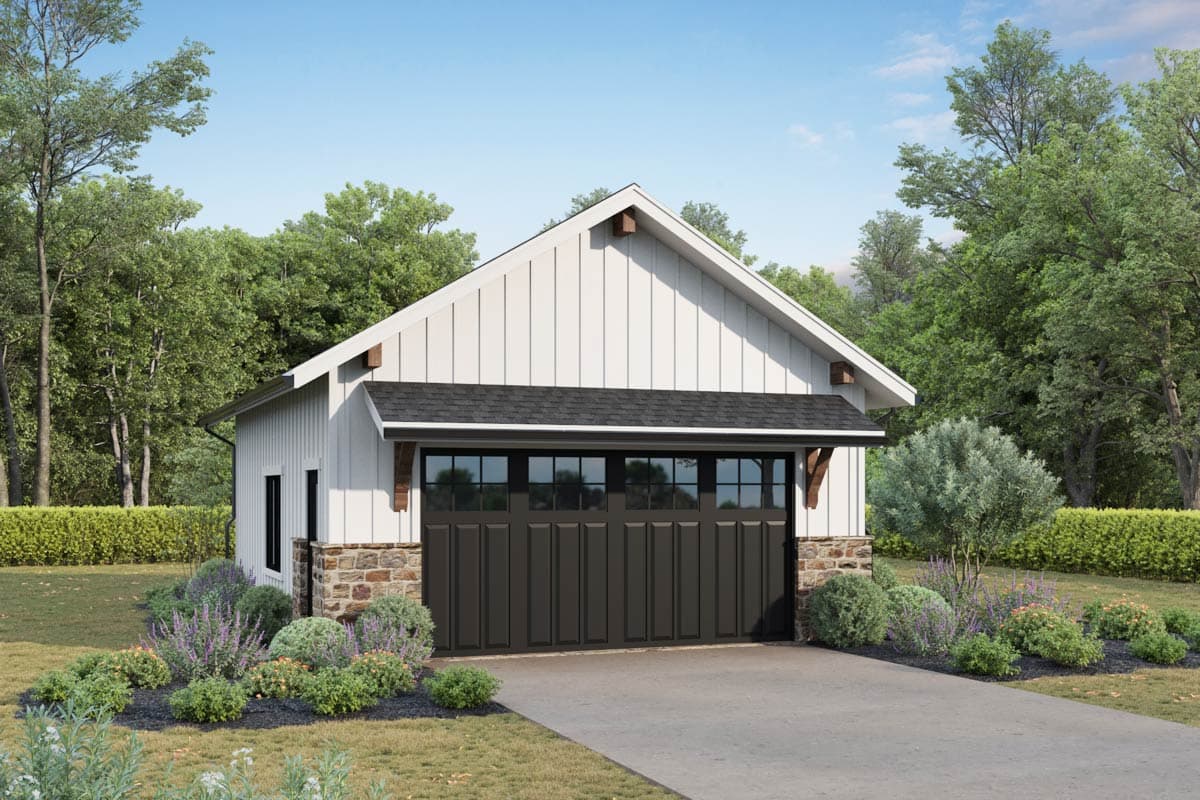 House plan exterior. One-story Modern Farmhouse garage with gable roof, stone base, dark garage door, and decorative corbels.