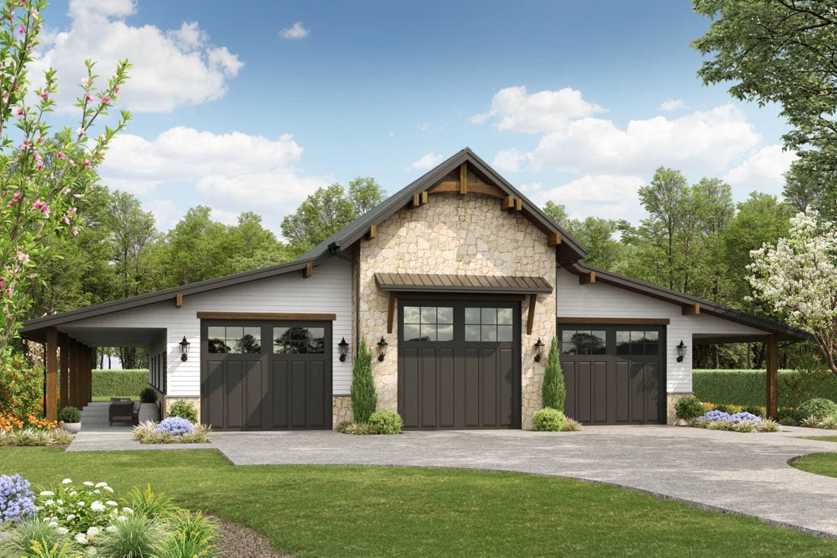 House plan exterior. Two-story Modern Farmhouse with stone accent gable, a covered porch, and three-car garage.