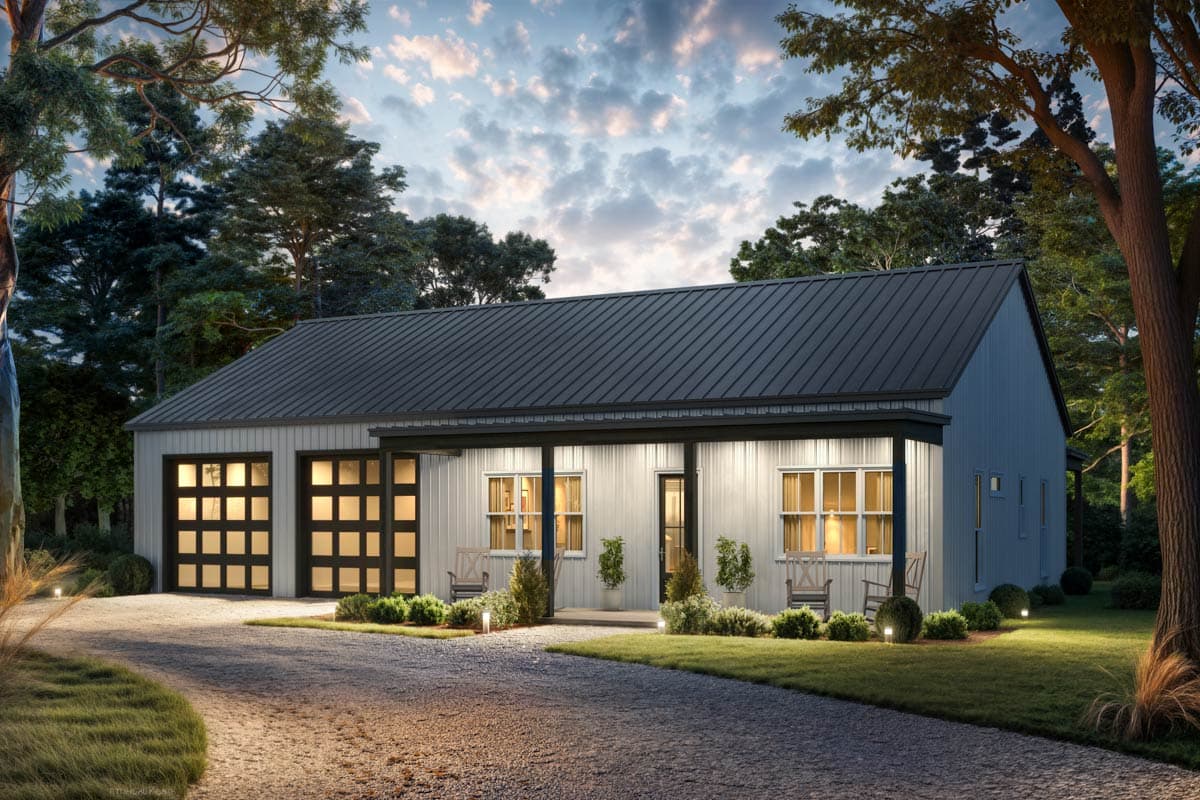 House plan exterior: Modern style, single story with two glass paneled garage doors, covered entry porch, and metal roof.