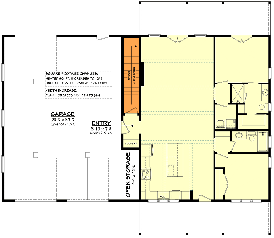 Plan 52012HZ: Modern 2-Bedroom Barndominium House Plan with Expansive 4-Car Garage - Floor Plan - Main Level - Basement Stairs Location - Barndominium, Cottage, Modern, Modern Farmhouse