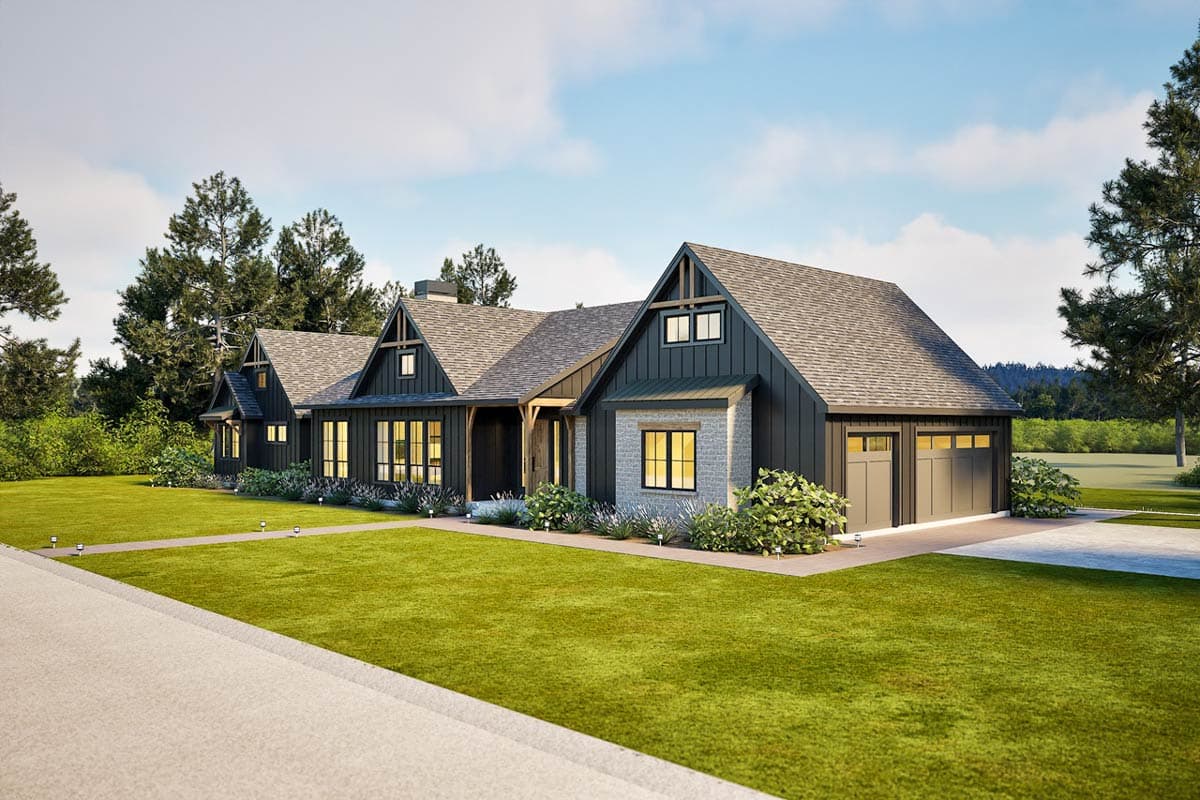 Modern Farmhouse house plan exterior, one story, with gables, stone accents, covered entryway, and a three-car garage.