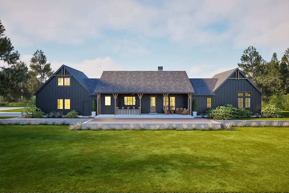 Modern Farmhouse style house plan exterior, one story, with gables, a covered porch, and dark siding.
