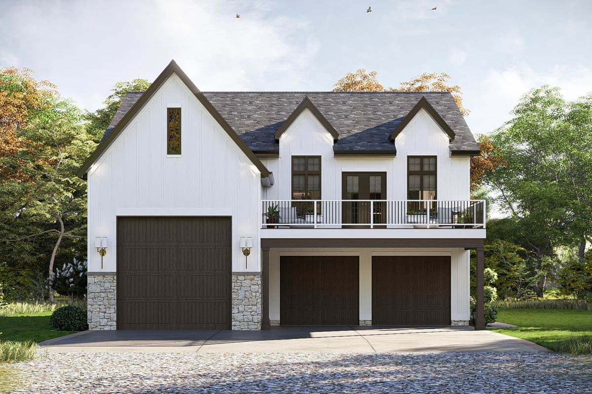 House plan exterior with two stories, board and batten siding, multiple gables, and a balcony above the two-car garage.