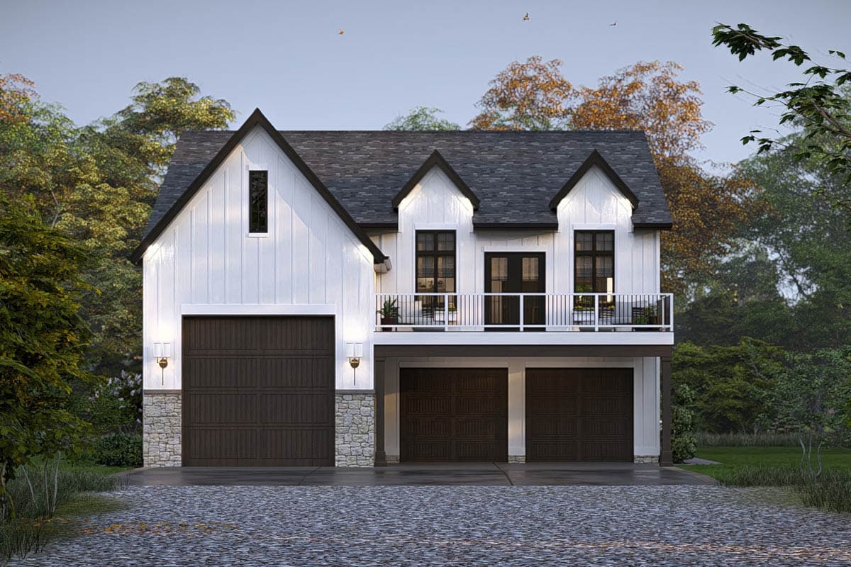 Modern Farmhouse house plan exterior with vertical siding, gabled dormers, second-story balcony, and three garage bays.