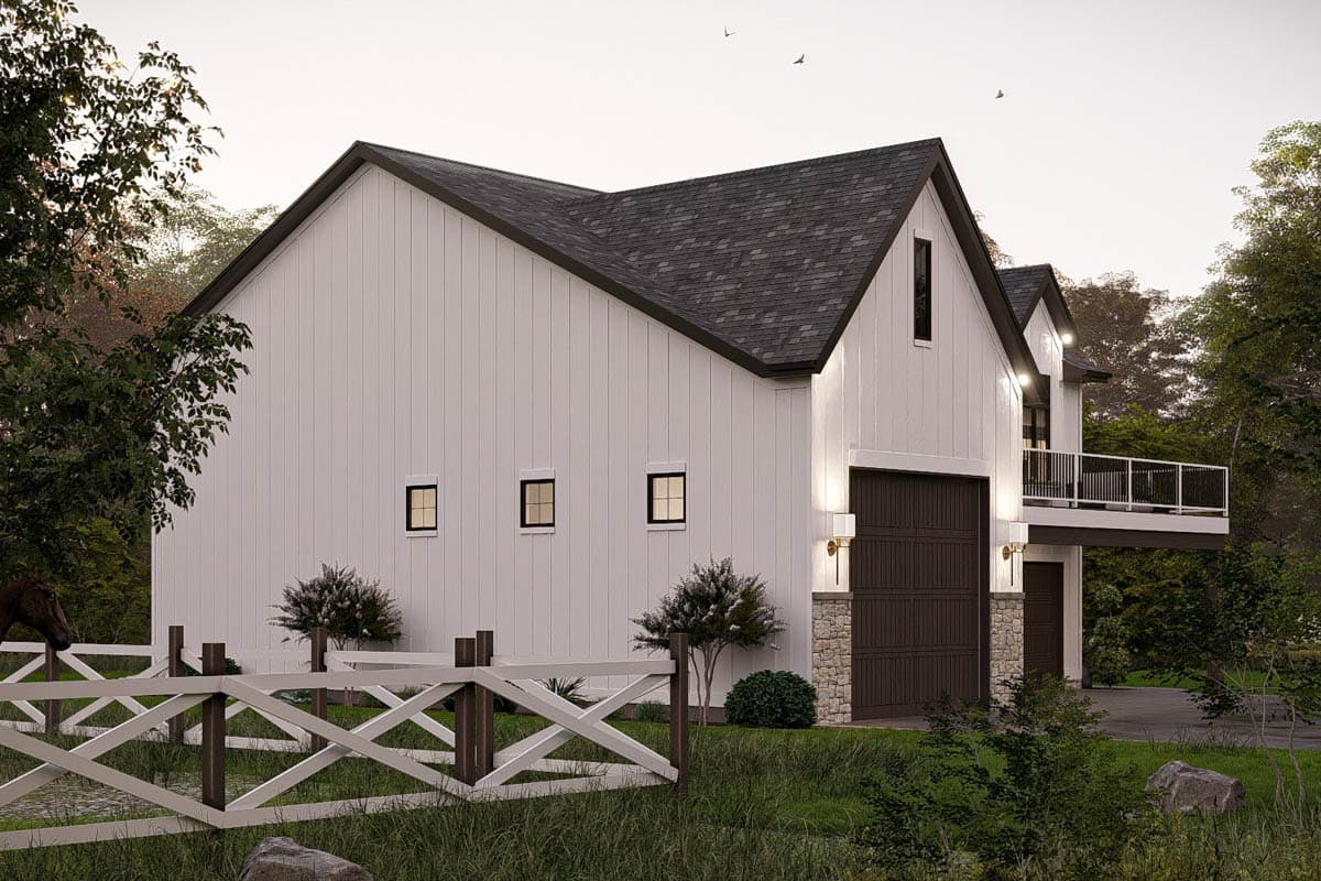 Modern Farmhouse house plan exterior with white board and batten siding, dark garage door, and elevated deck.
