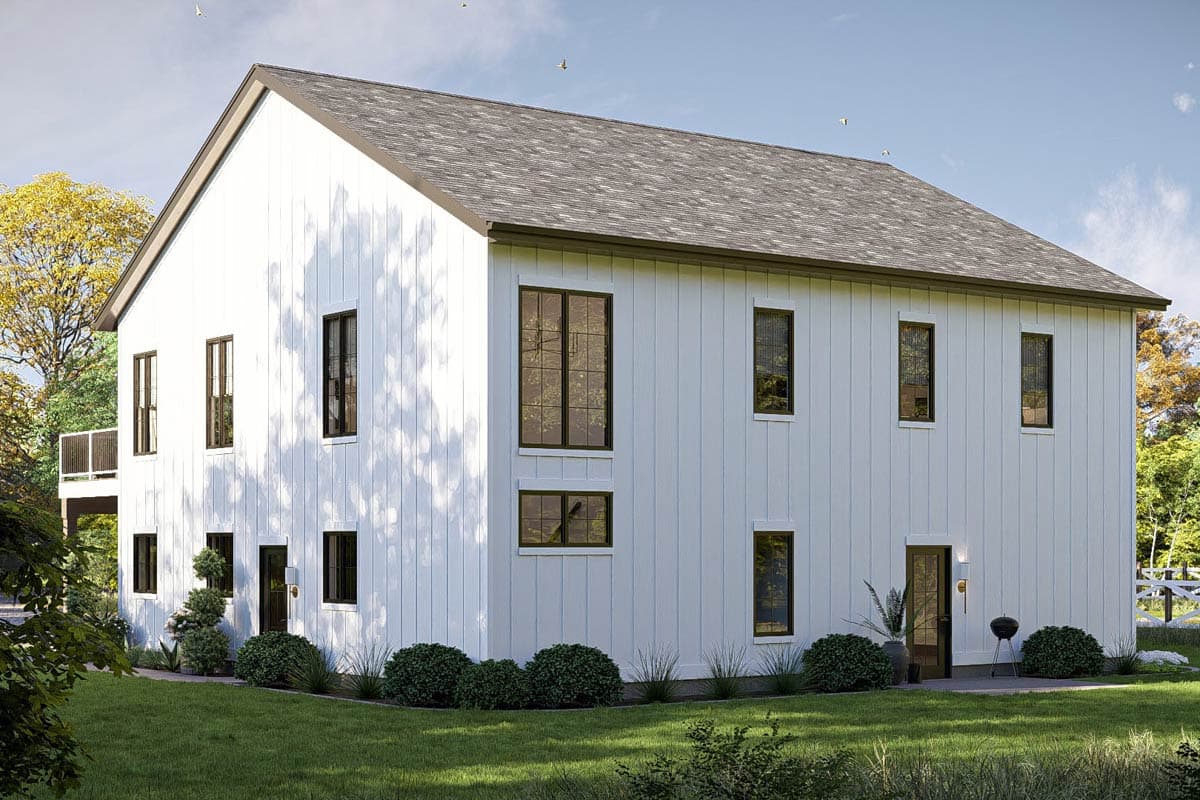 Modern Farmhouse house plan exterior with vertical siding, gabled roof, and numerous dark-framed windows.