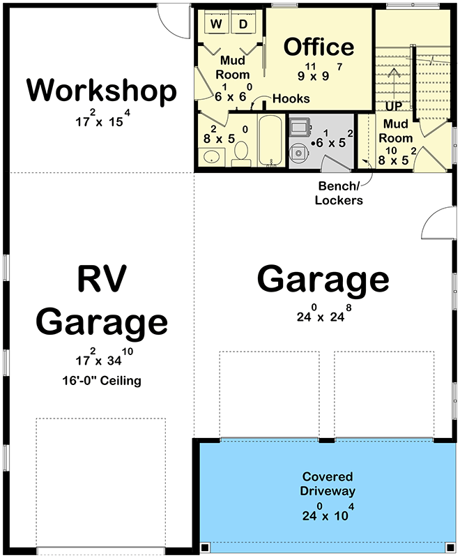 Plan 623543DJ: Modern Farmhouse Carriage House Plan with RV Garage and Upstairs Living - Floor Plan - Main Level - Carriage, Modern Farmhouse, New American