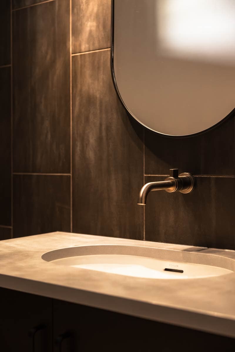 Bathroom vanity with integrated sink, wall-mounted faucet, and rounded mirror against dark tiled wall.