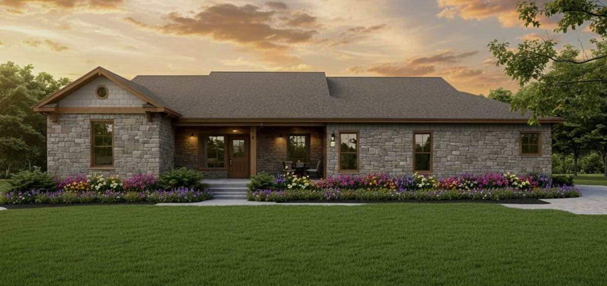 House plan exterior of a single-story home with stone facade, covered front porch with wooden columns, and gabled roofline.