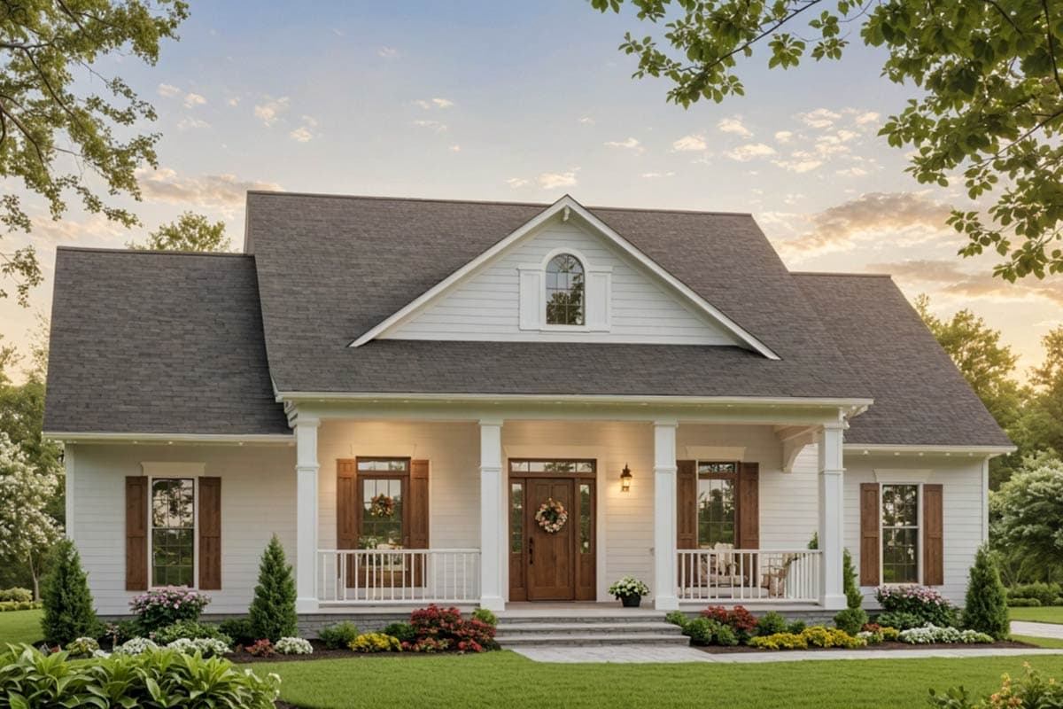 House plan exterior. Two-story farmhouse with a front porch, gables, and a dark roof. Features include a centered entryway and shutters.