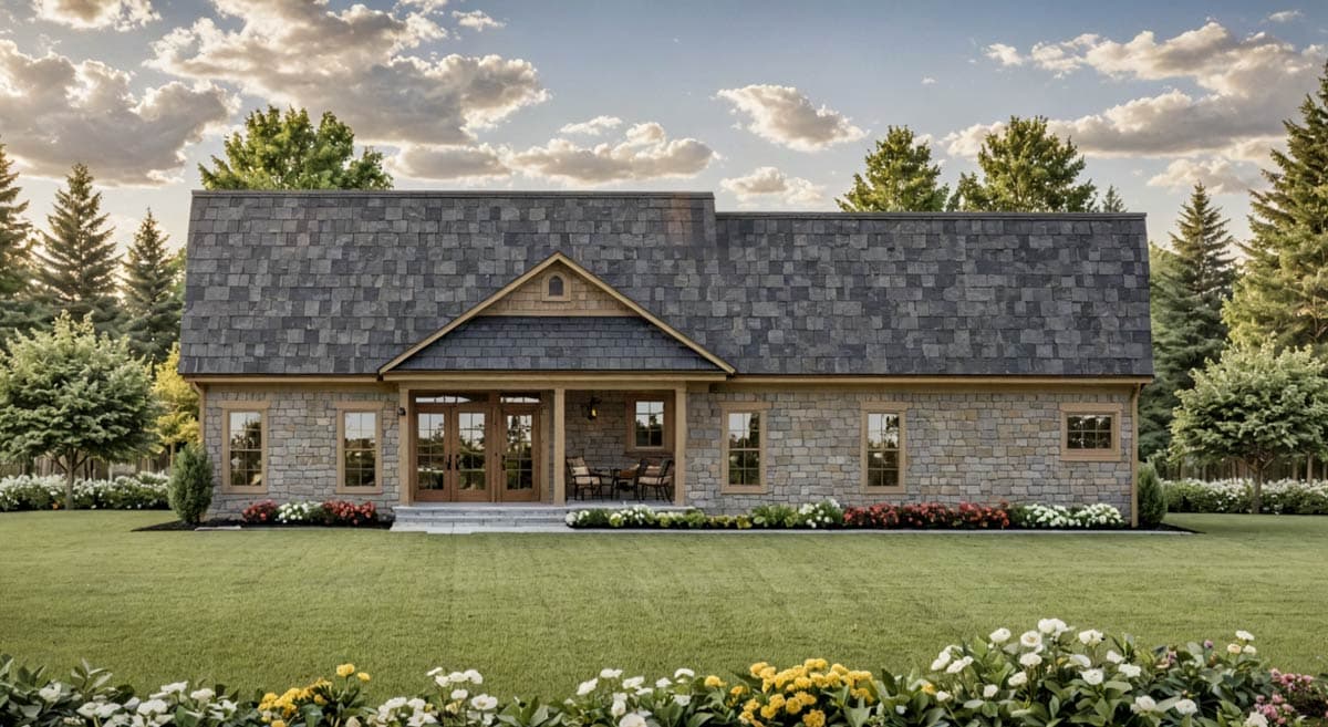 House plan exterior: One-story dwelling with stone facade, prominent gambrel roof, and covered front porch with double doors.