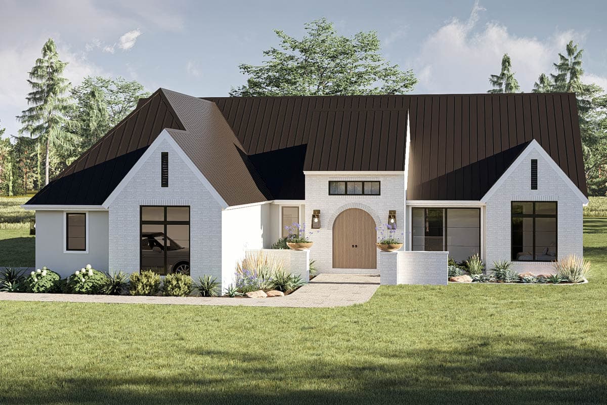 House plan exterior featuring a two-story design. Highlights include gables, a covered entry, and a contrasting dark metal roof.