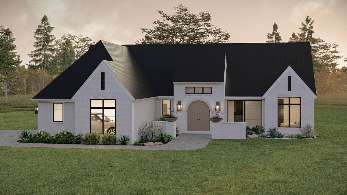 Modern Farmhouse house plan exterior with white brick, steeply pitched gables, and arched entryway.