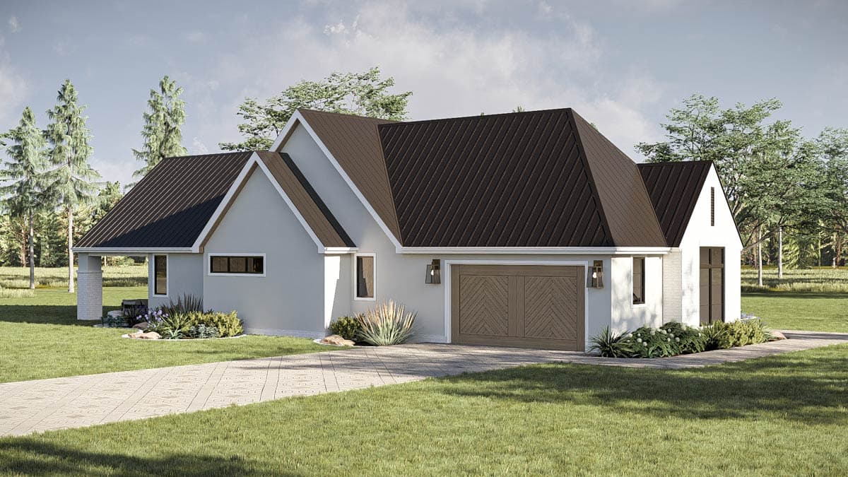 House plan exterior: Modern Farmhouse style, one-story, with a metal roof, prominent gables, and a double garage.
