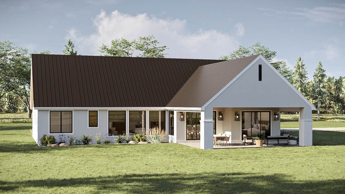 House plan exterior rendering of a one-story Modern Farmhouse with a gabled roof, large windows, and a covered patio.