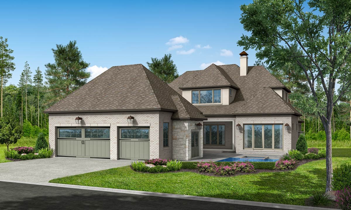 House plan exterior with a three-car side-entry garage, brick facade, stone accents, and multi-level rooflines.